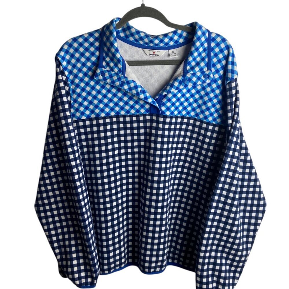 Draper James Lands End Size 2x Gingham Checked Pullover Snap Sweatshirt Blue